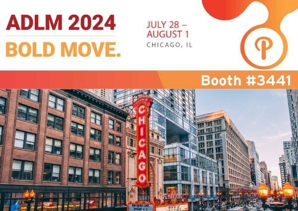 ADLM 2024 Bold Move. Event details: July 28 - August 1, Chicago, IL. Booth #3441. Image shows a cityscape of Chicago with the iconic Chicago Theatre sign in the foreground and tall buildings in the background.