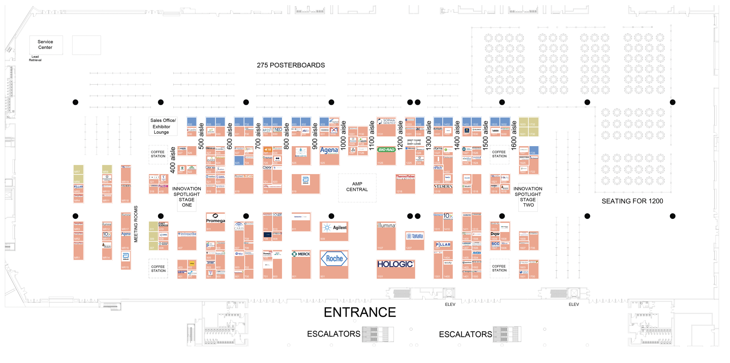 Exhibition floor plan for the AMP 2024 Annual Meeting & Expo, showing booth layouts and aisles labeled from 400 to 1600. The layout includes spaces for large companies like Roche, Hologic, Promega, and Agilent. Key areas include AMP Central, Innovation Spotlight Stages, meeting rooms, posterboards, and coffee stations. The seating area for 1,200 attendees is located on the right side, while the main entrance with escalators is at the bottom.