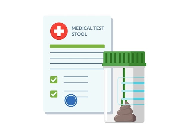 An illustration of a medical document labeled 'Medical Test Stool' accompanied by a checklist with two checked boxes. Next to the document is a transparent sample container with a green lid, containing a stool sample.